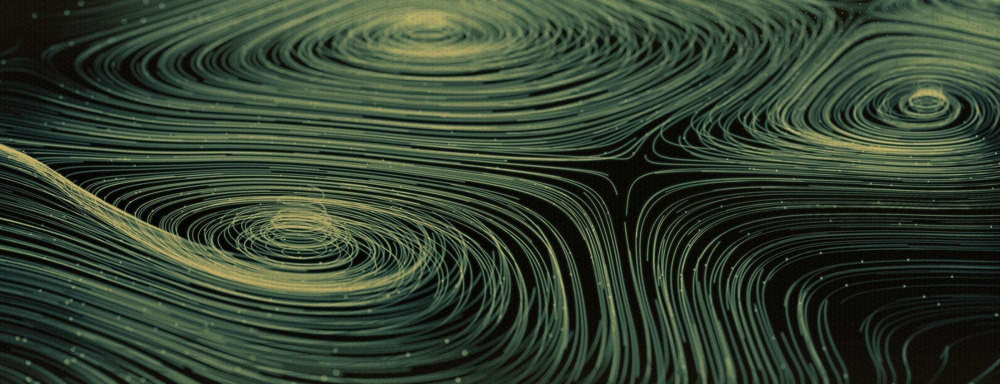 An abstract image features numerous thin, light-colored lines forming swirling patterns against a dark background