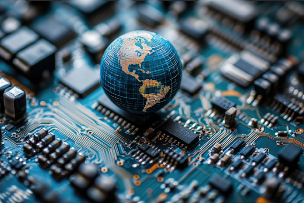 A globe sits on a circuit board, symbolizing global electronic manufacturing services.
