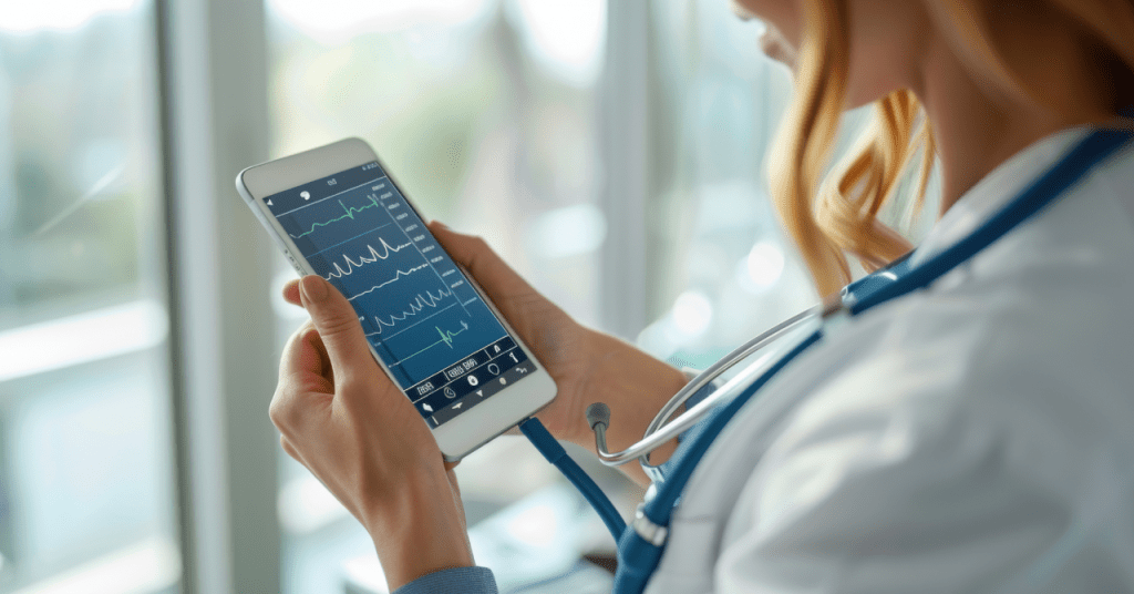 A healthcare professional is looking at a smartphone displaying real-time medical data. 