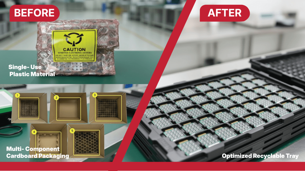 A split-image compares old and new packaging methods. On the left, labeled "BEFORE," is a product in pink bubble wrap and a multi-part cardboard box. On the right, labeled "AFTER," is a black plastic tray holding many electronic components, demonstrating a more efficient, recyclable solution.